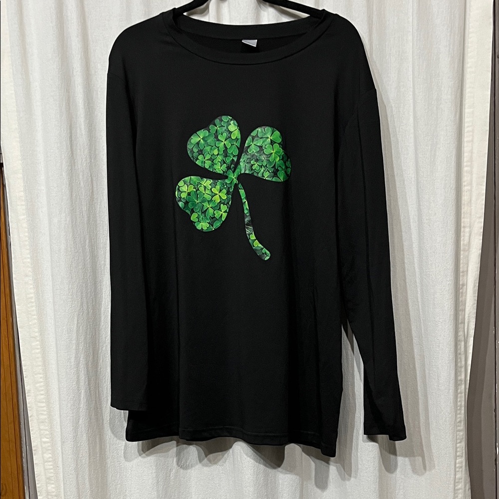 Black Long Sleeve Shirt with Green Shamrock
